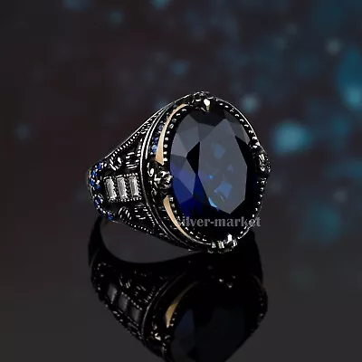 Men's Ring Solid 925 Sterling Silver Turkish Jewelry Sapphire Blue All Size • $56