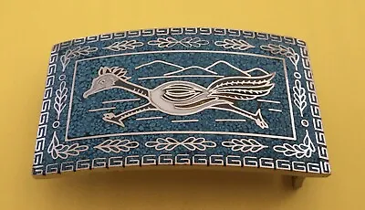 BEEP BEEP   Vintage Taxco Silver & Crushed Turquoise Roadrunner Bird Belt Buckle • $49.95