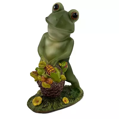 Vintage Frog Figurine Hard Plastic Big Eyes Basket Of Corn Lily Pads  8  Tall • $10