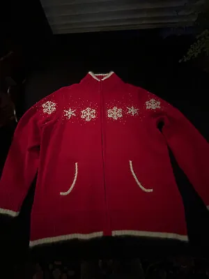 Quacker Factory Women’s Red Snowflake Sweater Sz M  Full Zip • $15