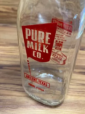 Pure Milk Company Abilene Texas Dairy Creamer Jug 1 Quart Glass Rare Red Logo • $26.99