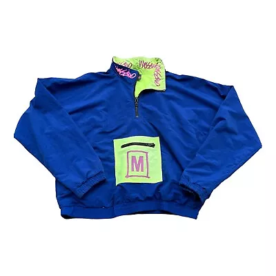 Vintage Mossimo  Jacket Logo Icon Neon Blue Surf Skater Windbreaker Pullover • $49.95