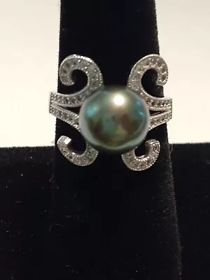  Real Tahitian Black/Green  Peacock Pearl  925 Silver  Zircons RING Size 8 • $43