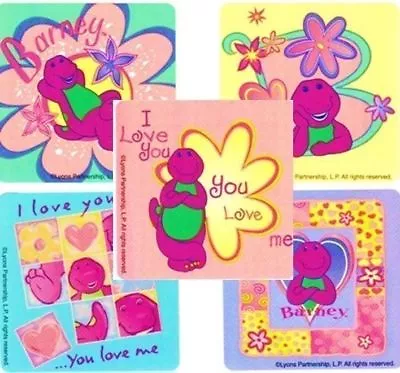 5 X Square Stickers ~ Barney Baby Bop BJ Kids Show Love Flowers Hearts ~ • $3