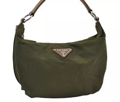 Authentic PRADA Vintage Nylon Tessuto Leather Shoulder Hand Bag Green 0561J • $280