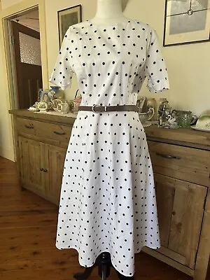 Collectif Sz 12 White Blue Polkadot Retro Rockabilly Vintage Style Swing Dress. • $25