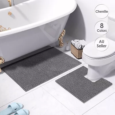 2 Pcs Non Slip Chenille Bathroom Mat + Toilet Root Match-Bath Mat Set • $25.64