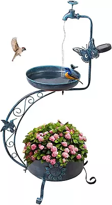 Blue Bird Baths For Outdoors Metal Garden Bird Bath With Solar Lamp Vintage S Bi • $89.87