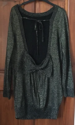 £7.50 • Buy Ladies ASOS Black Gold Sparkle Open Back + Bow Short Jumper Dress Size 14