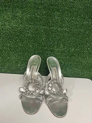 Manolo Blahnik Silver Open Toe Rhinestone Circle Heels Size 40 1/2 • $157.16