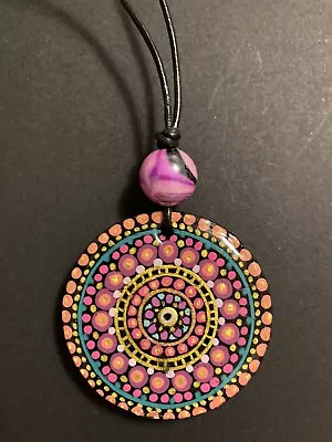 Hand Painted Round Wooden Pendant Floral Mandala Necklace 2” • $21