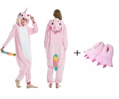 Adult Pink Rainbow Unicorn Onesie Kigurumi Costume Pyjamas Party Slippers • $29.99