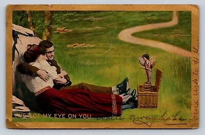 £4.95 • Buy ANTIQUE 1909 Postcard I've Got My Eye On You ~ Cupid Watches Two Love Birds