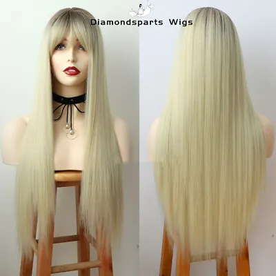 Ombre Brown Blonde Hair Synthetic Wigs Long Straight With Full Bangs Cosplay Wig • $16.73