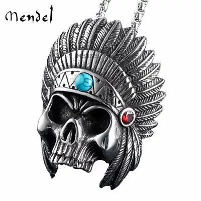 MENDEL Mens Native American Indian Chief Skull Biker Necklace Pendant Turquoise • $13.99