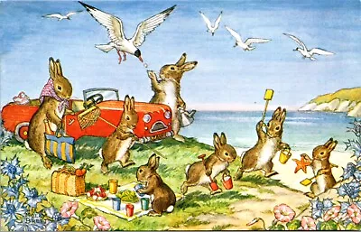 Molly Brett Postcard A Day By The Sea Bunny Rabbits Playing At The Beach • $8