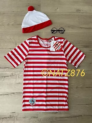 Brand New Tu Mens Where’s Wally Costume Size Xs - T-shirt Glasses & Hat • £9.99