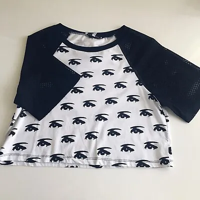 Illustrated People Graphic Eye Print Crop Top With Mesh Sleeves Size Small • £11.91
