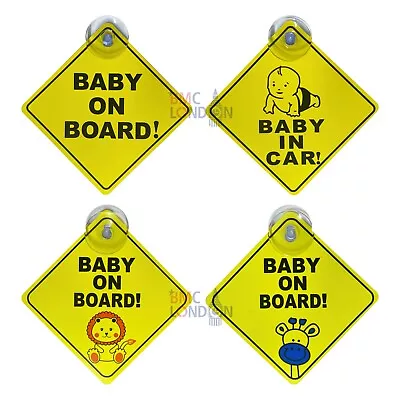 Baby On Board Car Sign For Kids And Baby Safety Warning With Suction Cups Yellow • £1.99