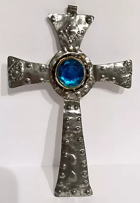 Vintage Tin Wall Cross Mexico Art Rhinestone Silver Turquoise Aqua Hand Painted • $17.99