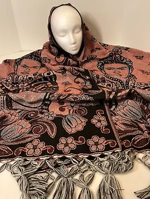 Frida Kahlo Lightweight Wrap Shawl Burgandy 28  X 86 With 5  Fringe • $18.99