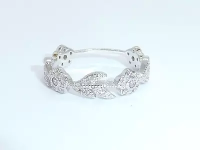 Ladies Solid 925 Silver Sterling White Sapphire Flower And Leaf Ring Size R • £24.99