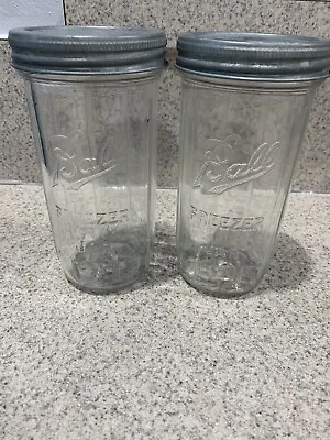 $24 • Buy 2 Vintage Original 7 Inches Tall BALL FREEZER Or Refrigerator Jars With Zinc Lid