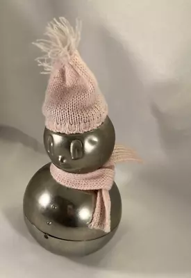 Vintage Raimond Snowman Silverplate Roly Poly Coin Bank Scarf Hat Pink Christmas • $18.50