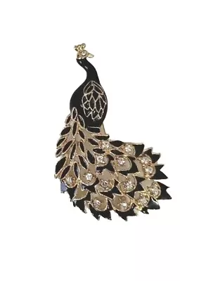 Vintage Peacock Brooch Gold Tone Black Enameled Rhinestone Ornate Lapel Pin • $15