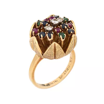 60s Diamond Gemstone Tulip Ring Vintage 18k Yellow Gold Sz 5.5 Flower Jewelry  • $2485