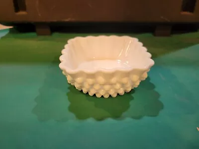 Vintage 4x4 Square FENTON White Hobnail Milk Glass Crimped Edge Candy Dish Bowl • $12