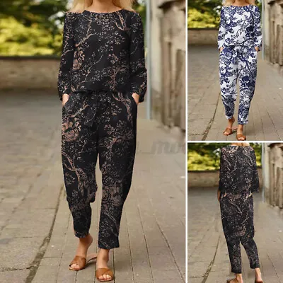 Two Piece Cotton Linen Women Sets Solid O Neck Top Shirt Drawstring Trouser Suit • £31.85