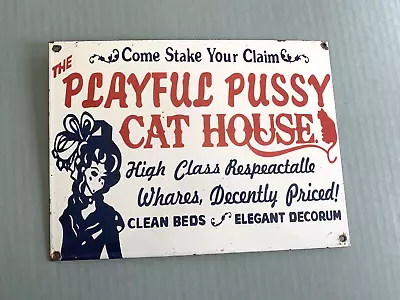 Vintage The Playful Pussy Cat House Porcelain Gas Pump Station Motor Oil Sign • $0.99