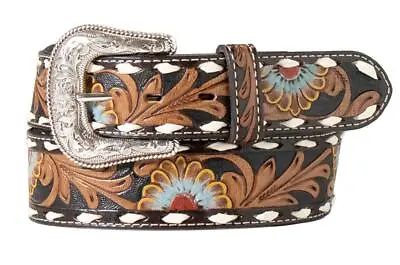 Nocona Western Men Belt Leather Floral Tapered Buck Lace Stitch Black N210007101 • $65