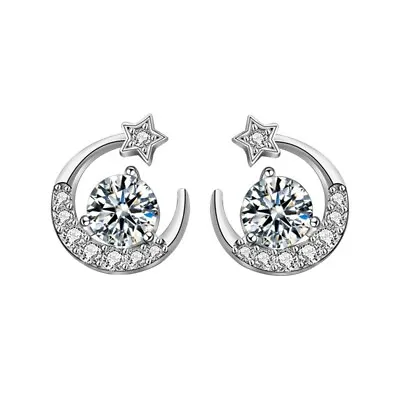 0.50ct Moissanite Diamond Crescent Moon Star 925 Sterling Silver Stud Earrings • $72