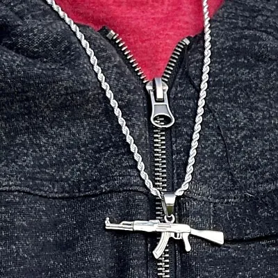 Men's Silver Tone Rope Chain 24  3MM W/ Stainless Steel AK-47 Gun Rifle Pendant • $19.95