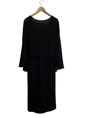 Melinda Eng Evening Gown Dress Black Silk With Sheer Cape Overlay Sz M • $79.95