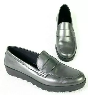 The Flexx Metallic Pewter Shiny Wedge Lug Sole Loafers Comfort Shoes Women's 10 • £18.21