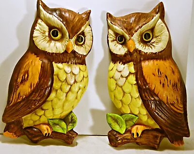 Vintage 1970s Pair Owl Wall Hanging Plaques Ceramic Kitchen Decor • $19.95