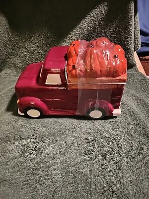 Painted Ceramic Autumn Fall Harvest Truck W/Load Of Pumpkins BurgundyCookie Jar  • $10