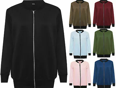 Ladies Plus Size Plain Bomber Jacket Long Sleeve Zip Up Elasticated Top UK 8-28 • £18.95