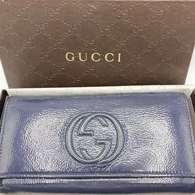 Auth Used GUCCI Purse Long Leather Wallet Interlocking 3107 Navy Soho Enamel • $86.85