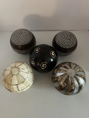 Set Of 5 Decorative Orb Sphere Balls Very Large 5” Hand Made Wood Metal Morrocan • $39.99