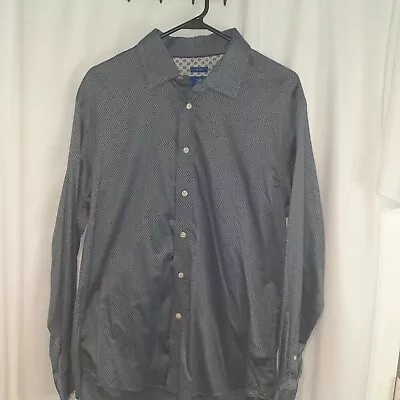 EGARA Button Down Dress Shirt Men Large L Casual Stretch Slim Fit Blue Polka Dot • $17.54