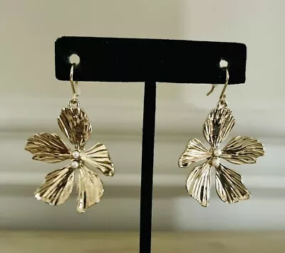 J Crew Signed Gold Pearl Drop Flower Petal Floral Statement Earrings NEW🌸 • $29.99