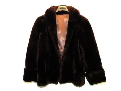 Vintage 1950s M Dark Brown Mouton Sheep Fur Coat At Waist Open Front Shearling • $99.99