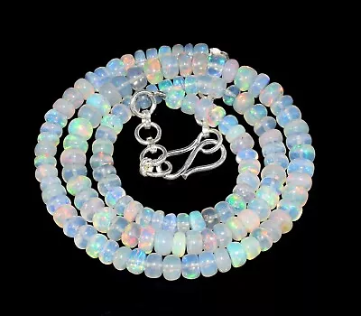 AAA+ Ethiopian Fire Opal Gemstone Beads 16''Necklace 925 Sterling Silver B-02 • $50.40