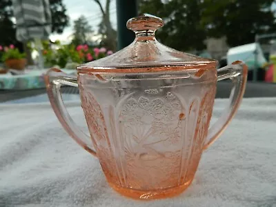 Vintage Cherry Blossom Pink Depression Glass Lidded Sugar Bowl 4.25 X5.25  Excel • $14.99