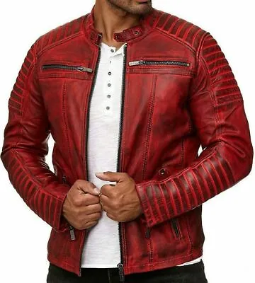 New Men's Genuine Red Leather Jacket Slim Fit Biker Motorcycle Leather Jacket • $109.99