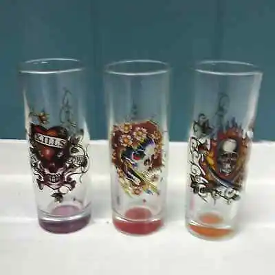 Ed Hardy By Christian Audigier Shot Glasses Set Of 3 Tall 4” Shooters • $32.40